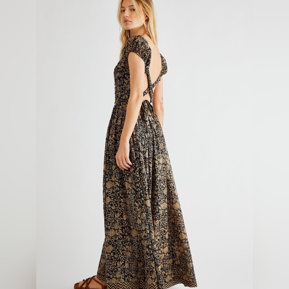 Free People Black Combo Puff Sleeve Ultraviolet Open Back Boho Maxi Dress S